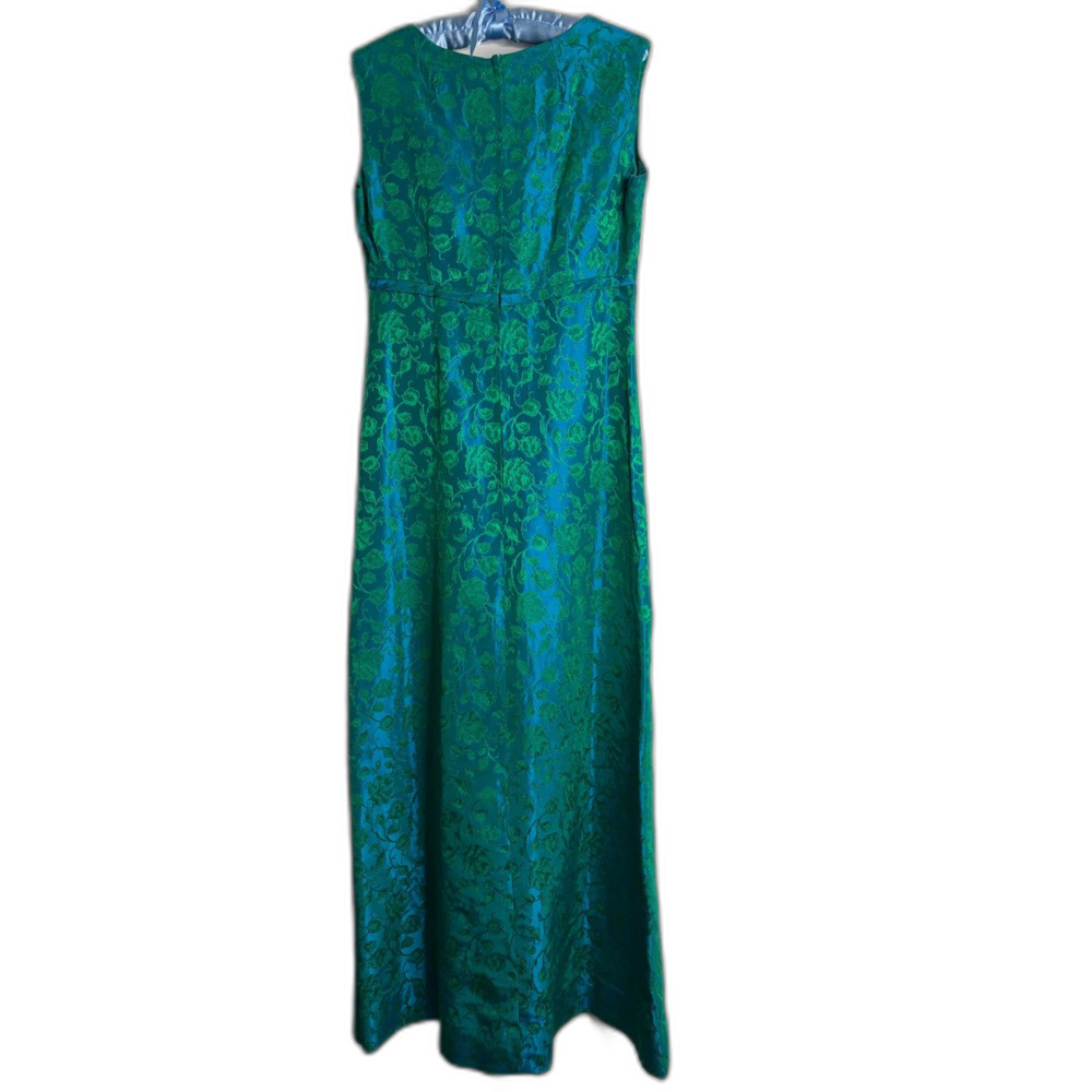 Vintage Late 1960s Emerald & Turquoise Floral Brocade Empire Waist Formal Gown S - Picture 5 of 12